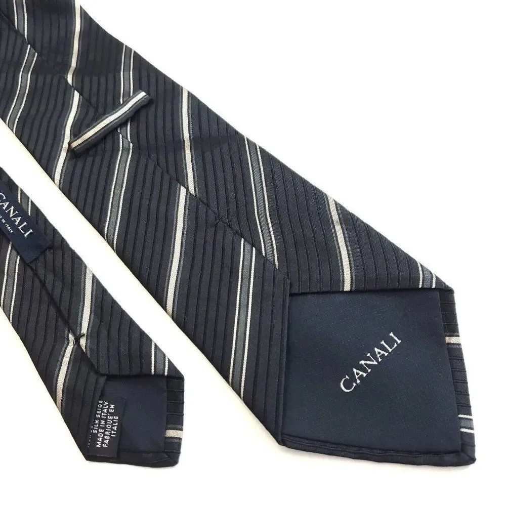 Canali Gray Woven Striped Wide‎ Silk Tie